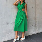 Tempting Cut Out A Line Turn Down Collar Sleeveless High Waist Slim Midi Dress