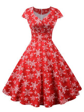 Snowflake Printed Red V Neck Wrap High Waist Vintage Robe Christmas Dress