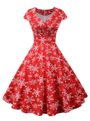 Snowflake Printed Red V Neck Wrap High Waist Vintage Robe Christmas Dress