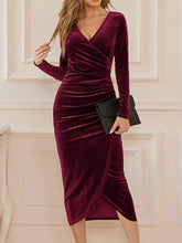 Velvet Split Ruched V neck Midi Bodycon Dress