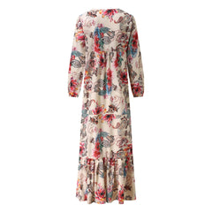 Vintage Floral Bohemian Ruffle Long Sleeve Maxi Deep V Neck Party Vestidos Dress
