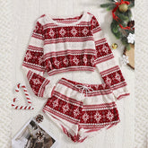 Christmas Flannel Pajamas Set Long Sleeve Crop Top Shorts 2Pcs Sleepwear