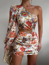 Fashion Floral Print Cutout Lantern Long Sleeve Dress