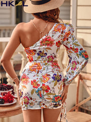 Fashion Floral Print Cutout Lantern Long Sleeve Dress