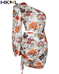 Fashion Floral Print Cutout Lantern Long Sleeve Dress