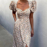 Elegant Floral Print Summer Dress V neck Puff Sleeve Split Midi Dress