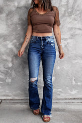 Holes Ripped Tassel Flare Jeans High Waist Denim Ladies Vintage Stretch Slim Jeans