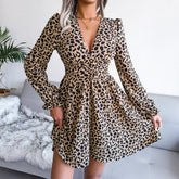 Chic Leopard V Neck A Line Dress