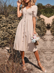 Vintage Holiday V Neck Buttons High Waist A Line Casual Dress