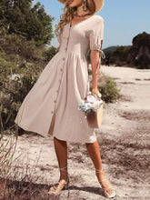 Vintage Holiday V Neck Buttons High Waist A Line Casual Dress