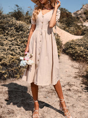 Vintage Holiday V Neck Buttons High Waist A Line Casual Dress