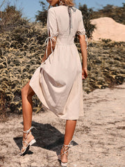 Vintage Holiday V Neck Buttons High Waist A Line Casual Dress