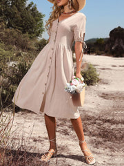 Vintage Holiday V Neck Buttons High Waist A Line Casual Dress
