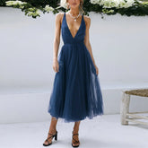 Lace Up Empire Waist Deep V Neck Backless Tulle Bridesmaid Midi Dress