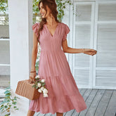 Loose V neck Flying Solid Leisure A line Long Midi Dresses