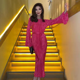 Maxi Autumn New Crew neck Lace up Pleated Elegant Midi Dresses