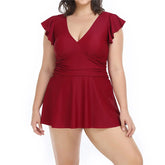 Solid Color Flying Sleeve V Neck A Line Plus Size Swimsuits