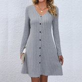 Chic V Neck Buttoned Waist Long Sleeve Solid Color Midi Dress