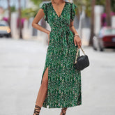 Women's Split Spring Summer V neck Peplum Waist Resort Korean Reviews Clothes Midi Dresses