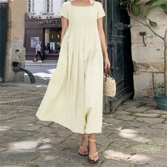 Casual Solid Color Square Collar Cotton Linen Swing Party Midi SunVestidos Dress