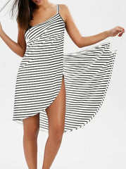 Backless Striped V neck Spaghetti Knee length Midi Dresses