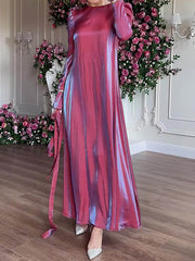 Pleated Solid Color Tied Waist Zipper A-Line Long Sleeves Round-Neck Maxi Dresses