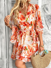Flower Print Ruffle Trim Split-Joint Tied Waist Flared Sleeves Half Sleeves V-Neck Mini Dresses