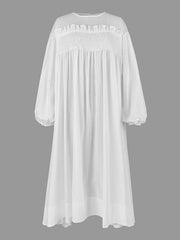 A-Line Long Sleeves Mesh Pleated See-Through Solid Color Split-Joint Round-Neck Midi Dresses