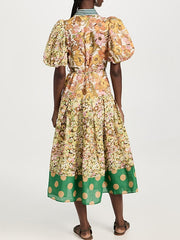 Short Sleeves Flower Print Patchwork Lapel Collar Maxi Dresses