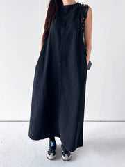 Pockets Solid Color Tied A-Line Loose Round-Neck Maxi Dresses