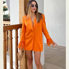 Feather Solid Color Blazer Two Piece Set