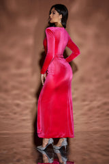 V Neck Velour Draped Slit Dress