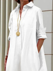 Pleated Ruffled Solid Color Split-Joint Long Sleeves Loose Lapel Shirt Dress Midi Dresses