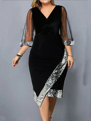 Contrast Color Mesh Sequined Split-Joint Bodycon Wrap V-Neck Midi Dresses