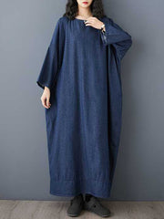 Solid Color Long Sleeves Loose Round-neck Midi Dresses