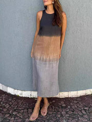 Gradient Split-side High Waisted Loose Round-neck Midi Dresses