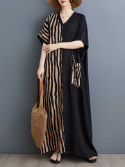 Contrast Color Pockets Split-Joint Striped A-Line Batwing Sleeves V-Neck Maxi Dresses