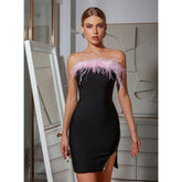 Ostrich Feather Rhinestone Bandeau Bodycon Mini Dress Flaxmaker