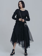 Urban Drawstring Long Sleeves Black Gauze Midi Dress