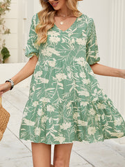 Elasticity Flower Print Pleated Half Sleeves Loose V-Neck Mini Dresses