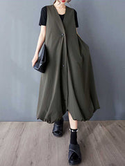 Buttoned Pleated Pockets Solid Color A-Line Loose V-Neck Vest Outerwear Midi Dresses