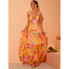 3D Flower Halter Printed Maxi Dress Flaxmaker