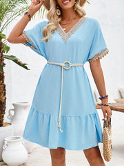 Belted Split-Joint Short Sleeves V-neck Mini Dresses