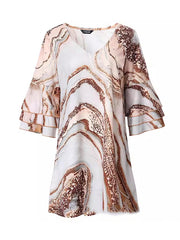 Layered Printed Split-Joint A-Line Flared Sleeves V-Neck Mini Dresses