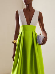 Contrast Color Pleated Zipper A-Line High Waisted Deep V-Neck Maxi Dresses