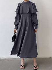 Ruffle Trim Solid Color Tied Waist A-Line Long Sleeves Mock Neck Midi Dresses