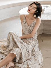 Vacation Sleeveless Floral Printed V-Neck Dress