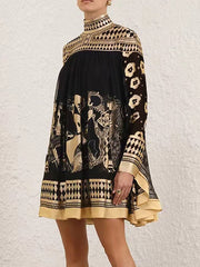 A-Line Long Sleeves Bronzing Printed Split-Joint Mock Neck Mini Dresses