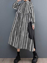 Buttoned Split-Joint Striped Long Sleeves Loose Mock Neck Midi Dresses