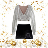 Flaxmaker Sequined Hot Drill Tarpaulin Sleeve V-neck Top Two Piece Set